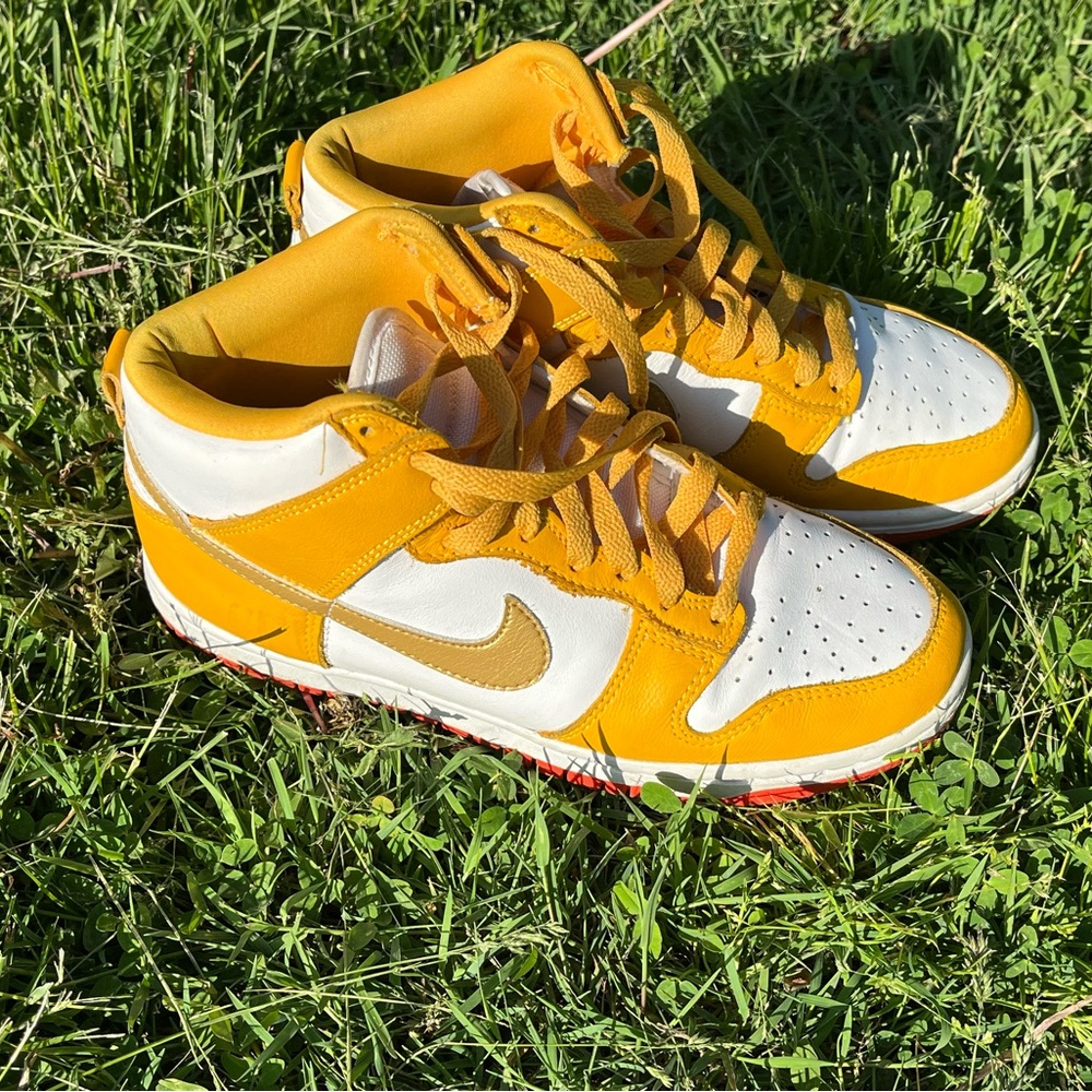 Nike Yellow and White High-Top Dunks